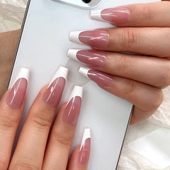 30pcs XS S M Size Finished With Top Coat Press On Nails Smile French Style Fake Nails Long Coffin False Artificial Nail Tips