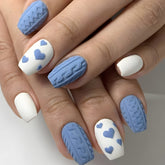 Winter Trending White & Blue Short Coffin Sweater Textured with Heart Press on Nails