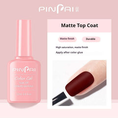 PINPAI 12ml Matte Top Coat Gel Polish bottle with swatched dark red nail, showcasing matte finish and durability.