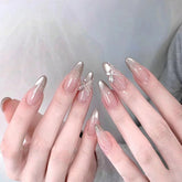 VIBEFICANT GLAZE French Tip Cat Eye 3D Butterfly Medium Almond Manicure Nude Press on Nails