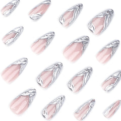 VIBEFICANT GLAZE 3D Metallic Silver French Medium Almond Press On Nails