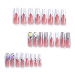 VIBEFICANT Glamour Blossom: 3D Floral Glitter French Tip Long Square Press-On Nails