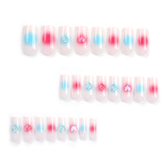 VIBEFICANT Pink and Blue Aurora Crystal Heart Medium Square Press-On Nails