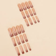 VIBEFICANT GLAZE Ombre Brown French Tip Embossed  Long Square Press on Nails