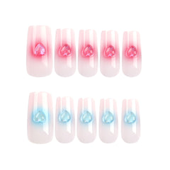VIBEFICANT Pink and Blue Aurora Crystal Heart Medium Square Press-On Nails