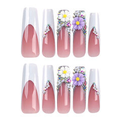 VIBEFICANT Glamour Blossom: 3D Floral Glitter French Tip Long Square Press-On Nails