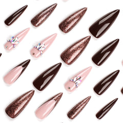 VIBEFICANT Glitter Rhinestone French Tip Medium Almond Press-On Nails - Pink & Chocolate Blend