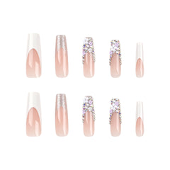 VIBEFICANT Exquisite Blooms: 3D Floral Rhinestone French Tip Long Square Press-On Nails