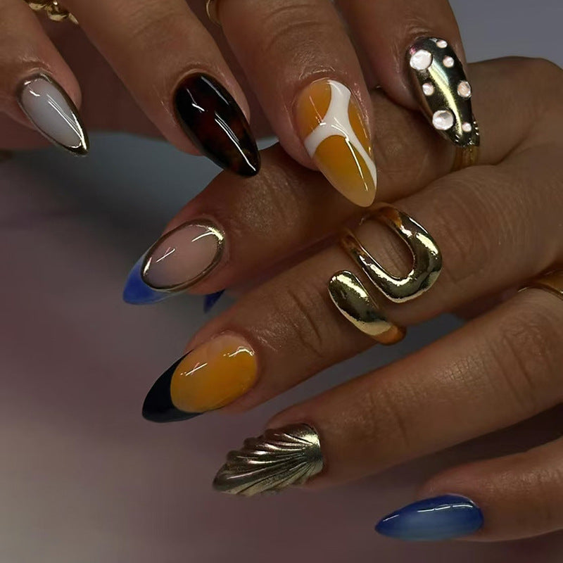 French Tip Embossed Art Metallic Gold  Navy Blue Press on Nails