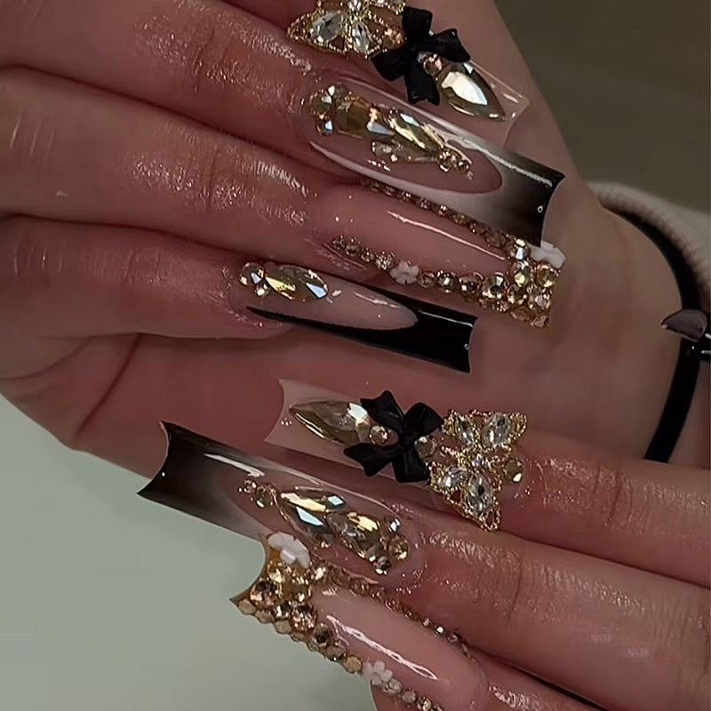  French Tip Long Square Sparkly Rhinestone Design Press on Nails