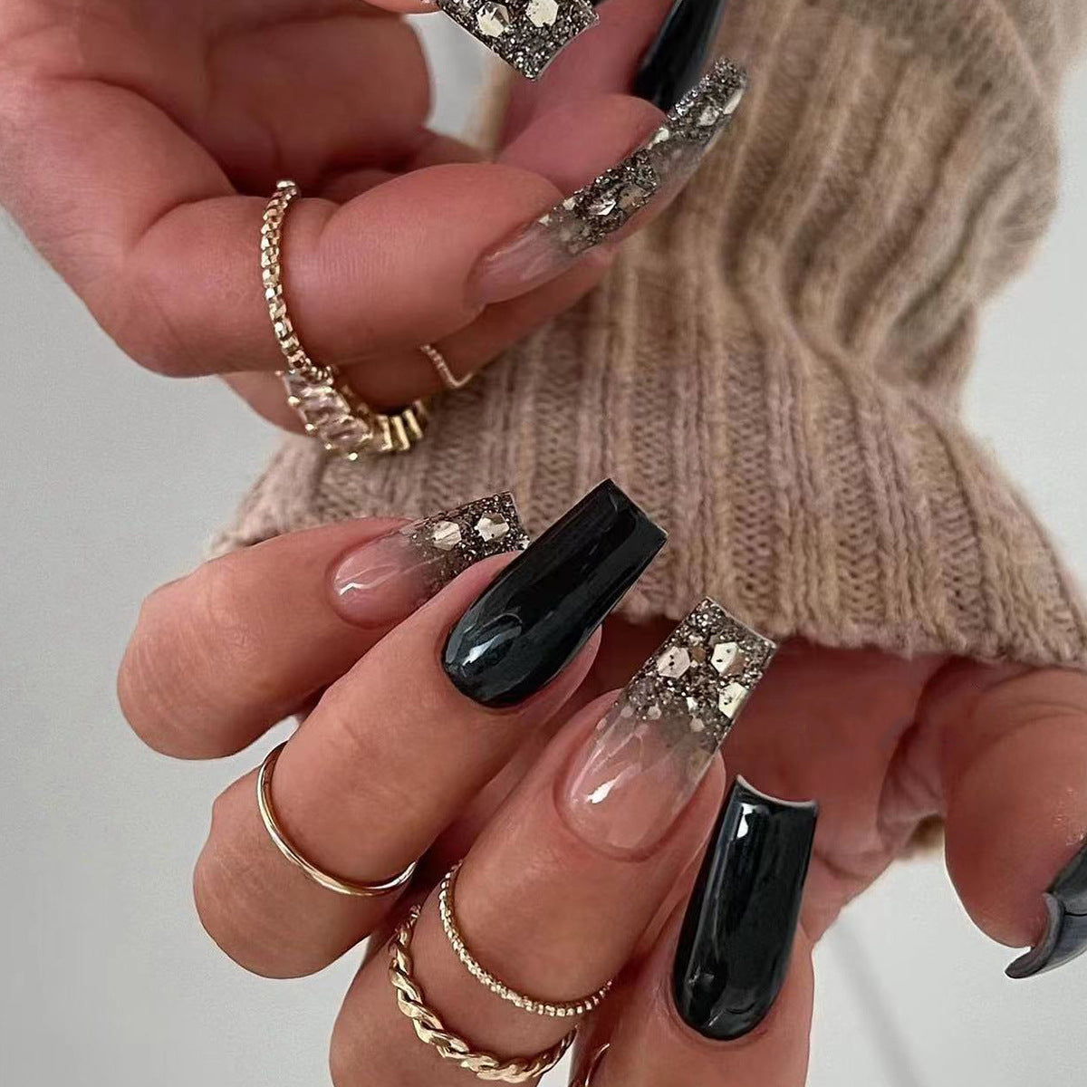 Glitter with Sequin Tips Medium Square Black & Pink Press-On Nails