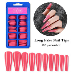 100pcs Long Coffin Fake Nails Tips Press On Nails With Designed Pure Color Ballerina Full Cover for Artificial False Nails Tips