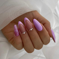 VIBEFICANT Glaze Chic Rhinestone Pink French Tip Nails with Glitter Press On False Nails 