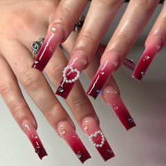 VIBEFICANT Valentines Edition - Red Ombre Long Coffin 3D Heart with Pearl Crystal Bead Press-On Nails 