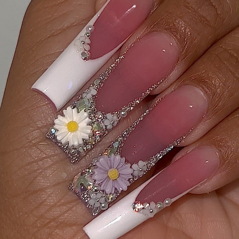 VIBEFICANT Glamour Blossom: 3D Floral Glitter French Tip Long Square Press-On Nails 