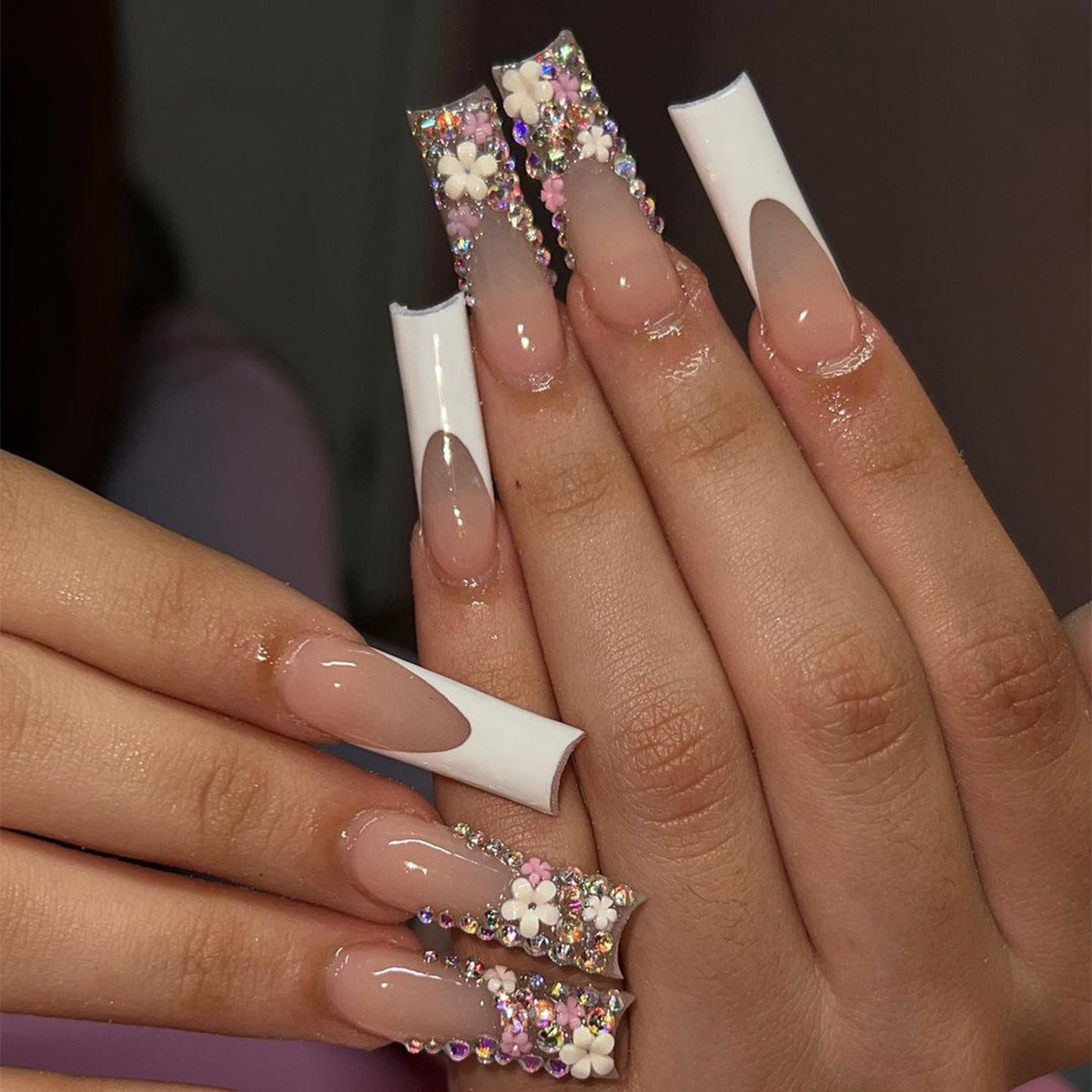 VIBEFICANT Exquisite Blooms: 3D Floral Rhinestone French Tip Long Square Press-On Nails 