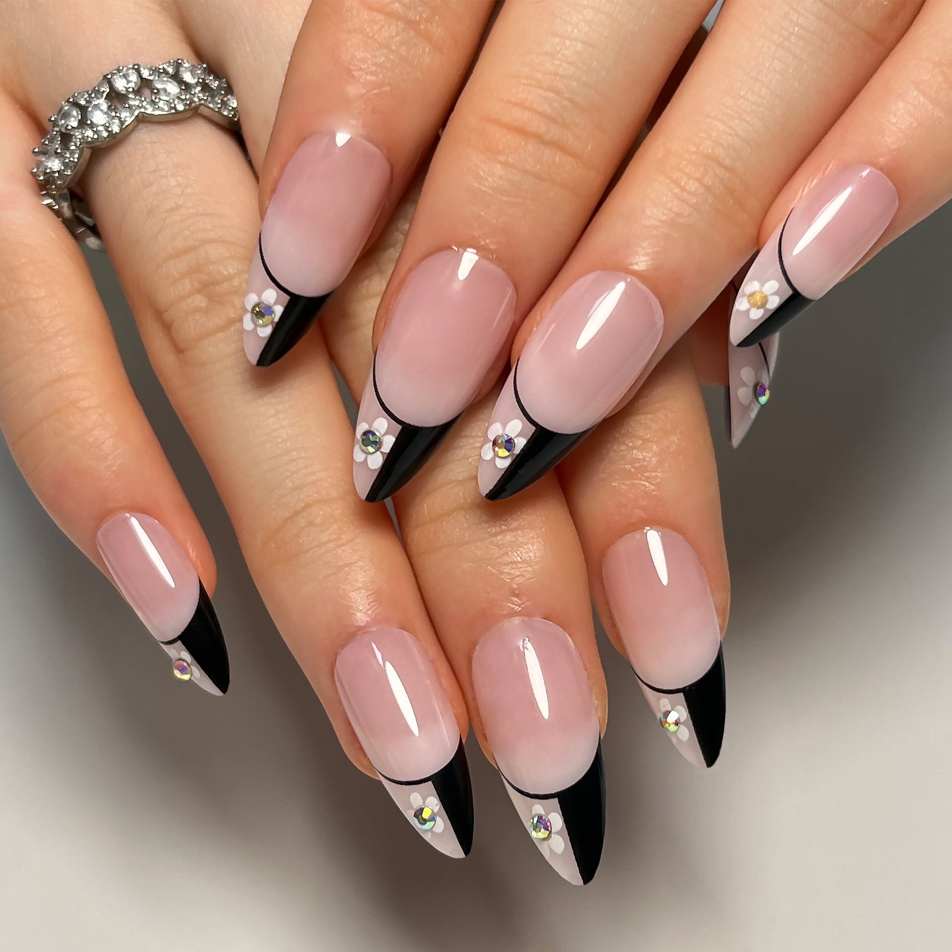 VIBEFICANT Blooming Elegance: Floral Rhinestone French Tip Medium Almond Press-On Nails 