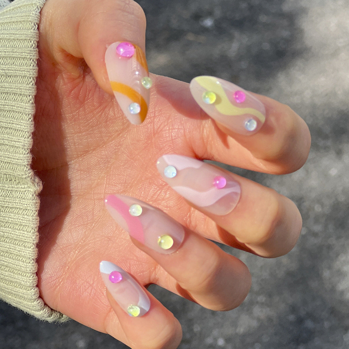 VIBEFICANT Crystal Swirl Pastel Elegance: Medium Almond Press-On Nails 