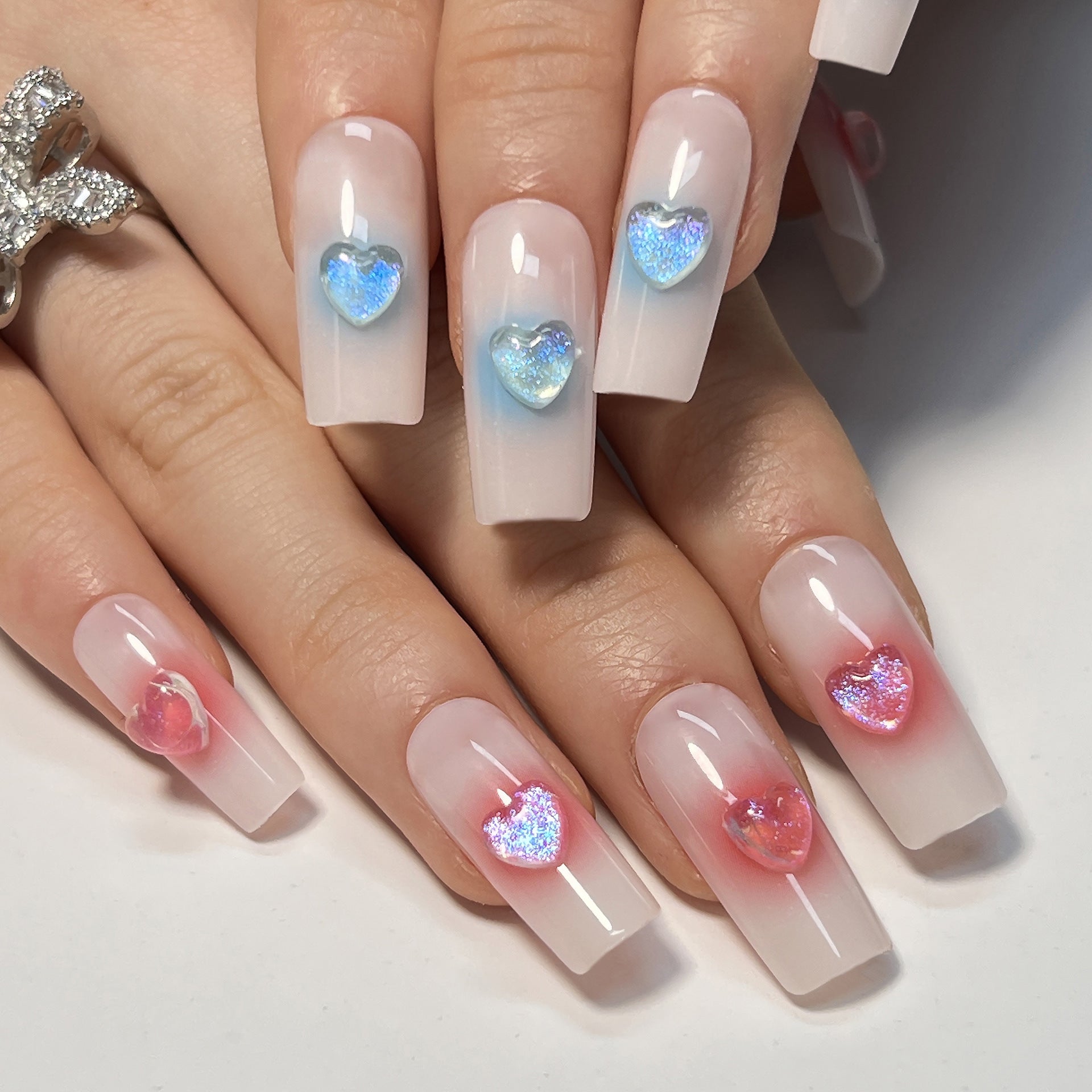 VIBEFICANT Pink and Blue Aurora Crystal Heart Medium Square Press-On Nails