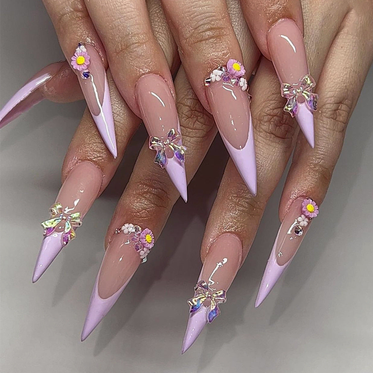  Long Stiletto Pink French Tip Rhinestone 3D Floral Butterfly  Press on Nails