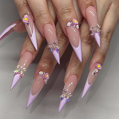  Long Stiletto Pink French Tip Rhinestone 3D Floral Butterfly  Press on Nails