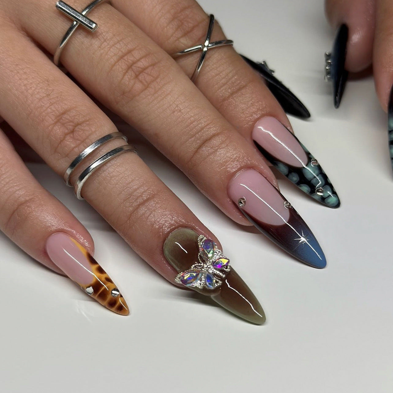 Long Stiletto with Rhinestone Butterfly  Press on Nails