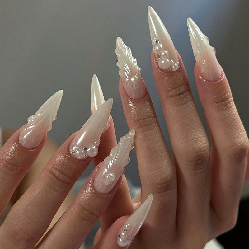 Medium Almond Pearl White Glazed Donut Bridal Press on Nails