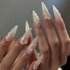 Medium Almond Pearl White Glazed Donut Bridal Press on Nails