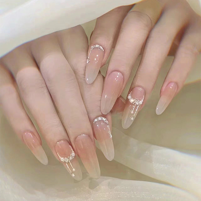 Nude With Rhinestone Medium Almond Stick On Nails