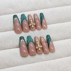 VIBEFICANT Glaze Long Coffin Green French Tip Embossed Gothic Style Cross Press on Nails