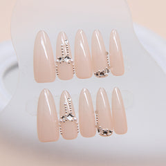 VIBEFICANT GLAZE Elegant Nude With Rhinestone Medium Almond Stick On Nails