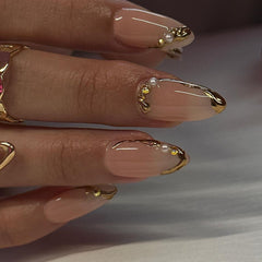 VIBEFICANT GLAZE Nude Medium Almond Embossed Gold Metallic Pearl Embellishment Press on Nails