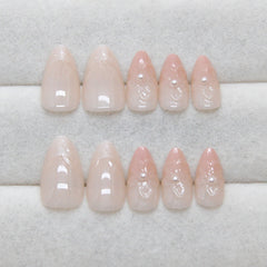 VIBEFICANT GLAZE Nude Embossed Art Pearl Embellishment Short Almond Press on Nails