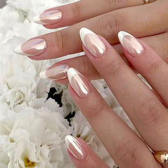 Chrome Pink Medium Almond French Tip Press on Nails