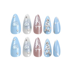VIBEFICANT 3D Star Rhinestone Embellished Medium Almond Blue Press-On Nails