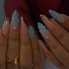 VIBEFICANT GLAZE Blue Ombre Medium Almond Seashell Embossed Art  Press on Nails