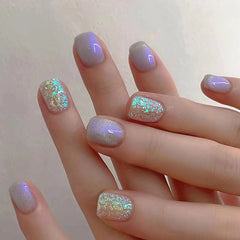 VIBEFICANT GLAZE Aurora Shimmer Glitter Squoval Short  Wide Fit Press On Nails