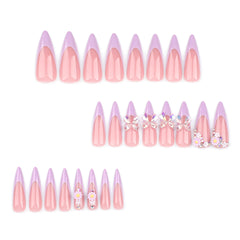 VIBEFICANT GLAZE Long Stiletto Pink French Tip Rhinestone 3D Floral Butterfly  Press on Nails