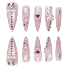 VIBEFICANT GLAZE Pink Cat Eye Long Stiletto Heart Shape Rhinestone Bow Bling Bling Press On Nails