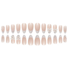 VIBEFICANT GLAZE Elegant Nude Medium Almond French Tip Pearls & Bow Press on Nails