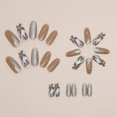 VIBEFICANT GLAZE Fall Season Brown & Silver Glitter Floral  Medium Almond Press On Nails