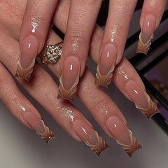 VIBEFICANT GLAZE Ombre Brown French Tip Embossed  Long Square Press on Nails