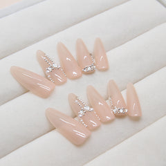 VIBEFICANT GLAZE Elegant Nude With Rhinestone Medium Almond Stick On Nails