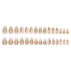 VIBEFICANT GLAZE White Embossed Metallic Gold Medium Almond  Press on Nails