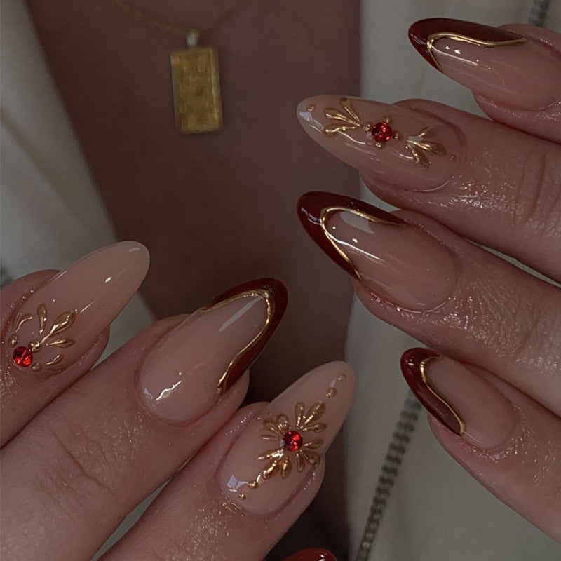  Red & Gold French Tip  Medium Almond Rhinestone Baroque Manicure  Press on Nails