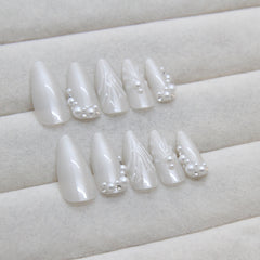 VIBEFICANT GLAZE  Medium Almond Pearl White Glazed Donut Bridal Press on Nails