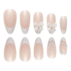 VIBEFICANT GLAZE Elegant Nude Medium Almond French Tip Pearls & Bow Press on Nails