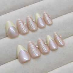 VIBEFICANT Glaze Nude Medium Almond Pastel Yellow French Tip Rhinestone Press on Nails