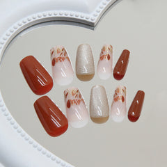 VIBEFICANT GLAZE Fall Season Pumpkin Nail Art Cat Eye Medium Almond Press On Nails