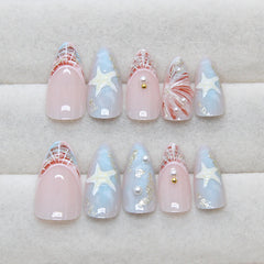 VIBEFICANT GLAZE Pink & Blue Medium Almond Embossed Art Seashell Starfish Pearl Embellishment Press on Nails